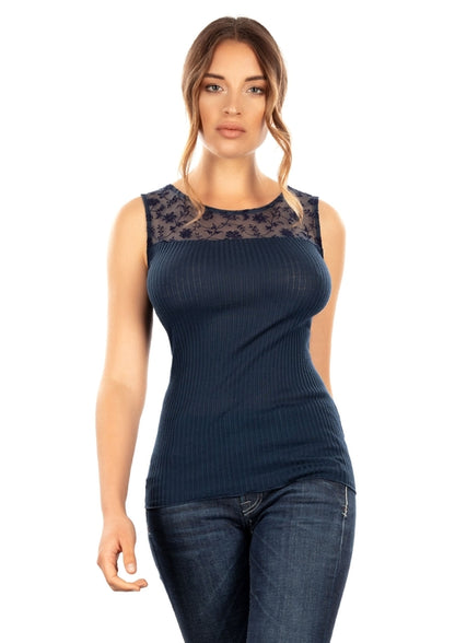 Merino Wool Blend Top with Lace & Tulle Trim