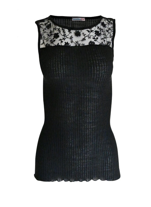 Merino Wool Blend Top with Lace & Tulle Trim