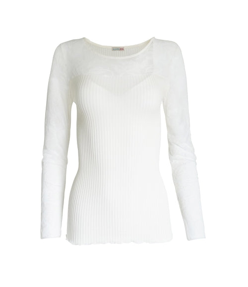 Merino Wool Blend Top with Tulle Trim
