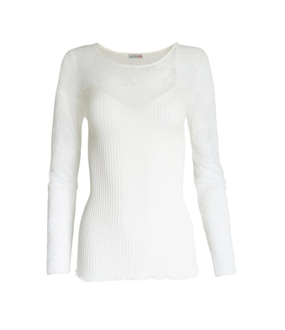 Merino Wool Blend Top with Tulle Trim