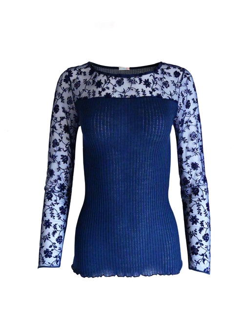 Merino Wool Blend Top with Tulle Trim